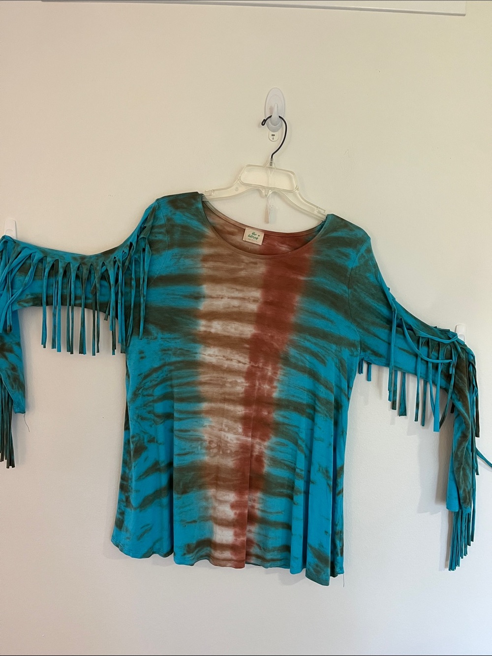 BLUE BUTTERCUP Boho Fringe Tie-Dye Tunic Top - Teal & Rust